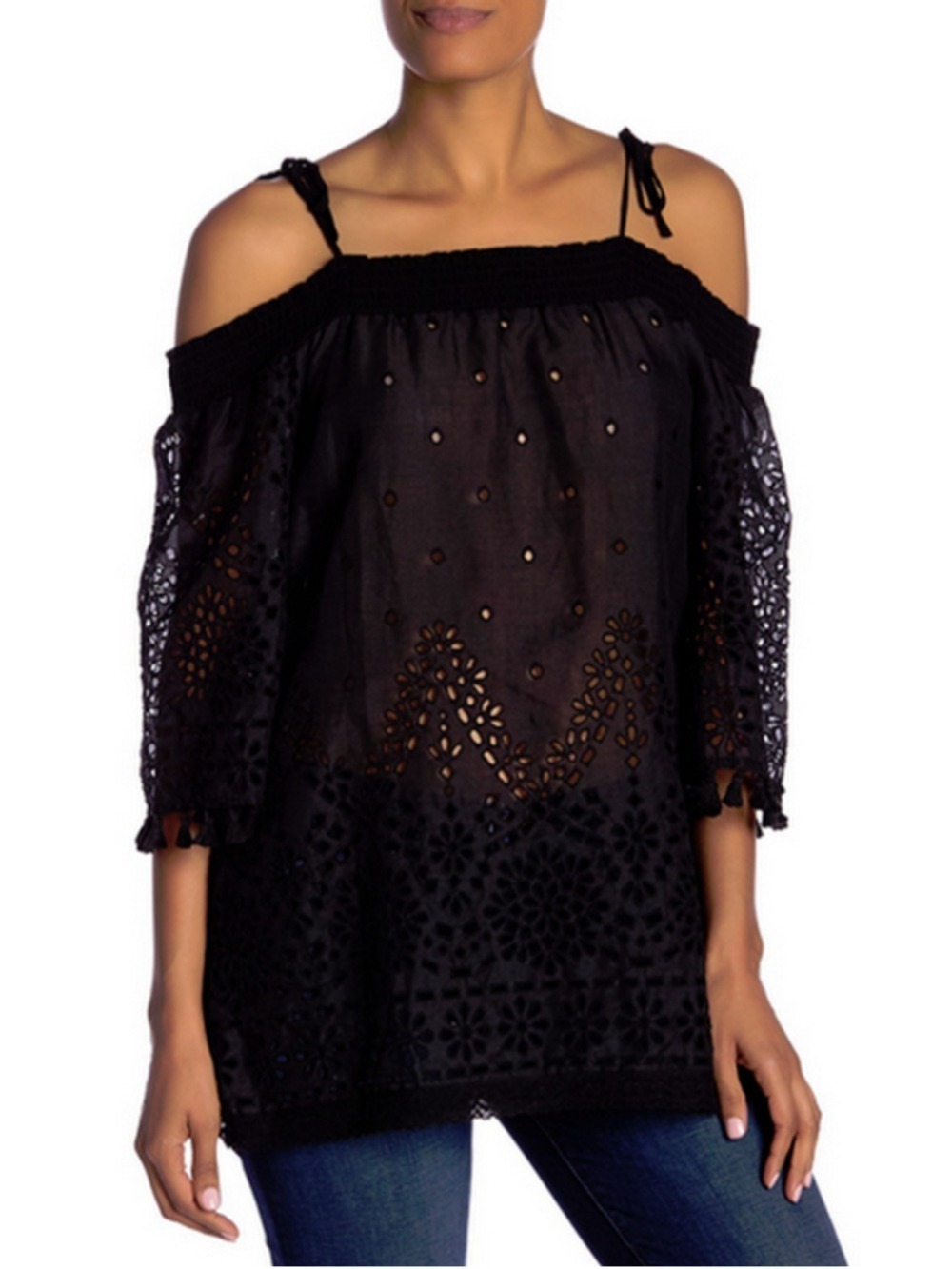 Johnny Was “Love” Hailey Off-the-Shoulder Ramie Blouse Black Size XS (17” PTP)